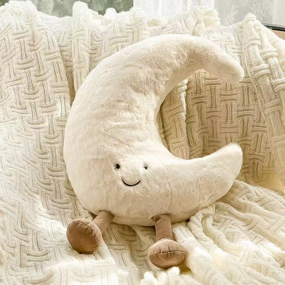 Delightful Smile Face Moon and Cheerful Yellow Sun Plush Cushion - The Perfect Soft Weather Toy for Kids' Rooms and Cozy Sofa Decor