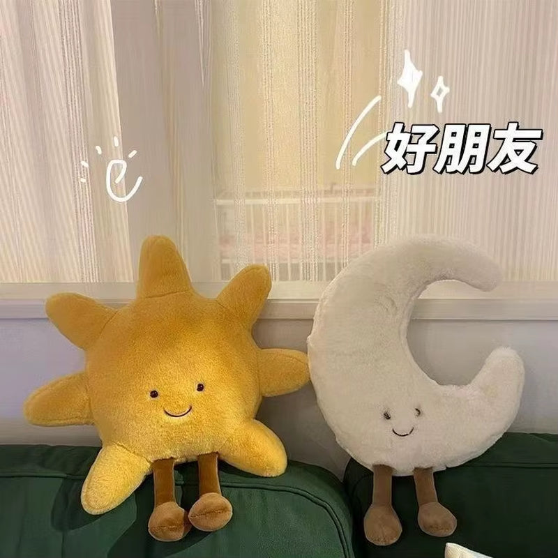 Delightful Smile Face Moon and Cheerful Yellow Sun Plush Cushion - The Perfect Soft Weather Toy for Kids' Rooms and Cozy Sofa Decor