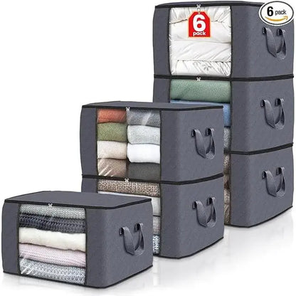 Maximize Your Space with 6-Pack Grey Foldable High-Capacity Cloth Storage Bags - Perfect for Organizing Clothes, Bedding, and More!